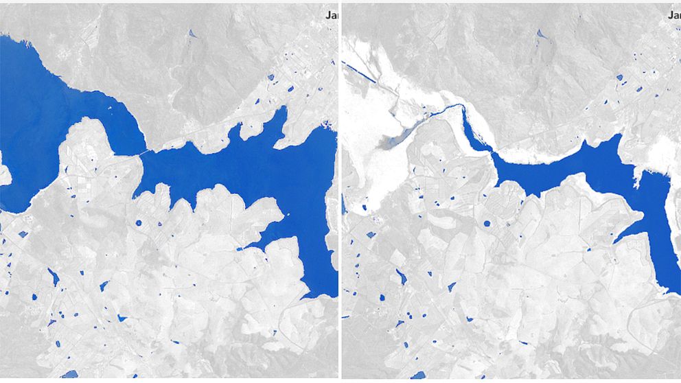 En vit karta med blåa fält som markerar vatten. På den vänstra bilden är det betydligt mer vatten än den högra.