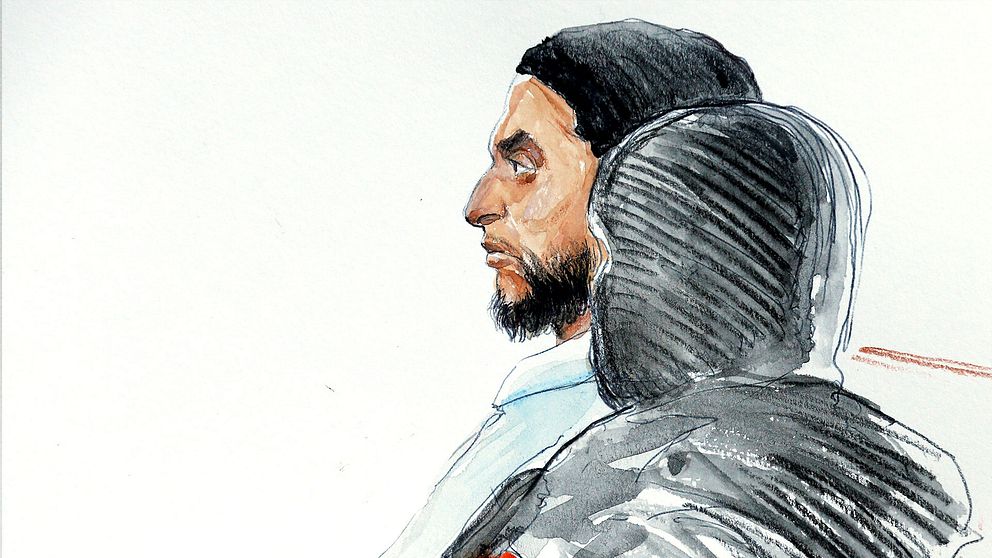 En tecknad bild av Salah Abdeslam under hans rättegång i Bryssel den 5 februari.