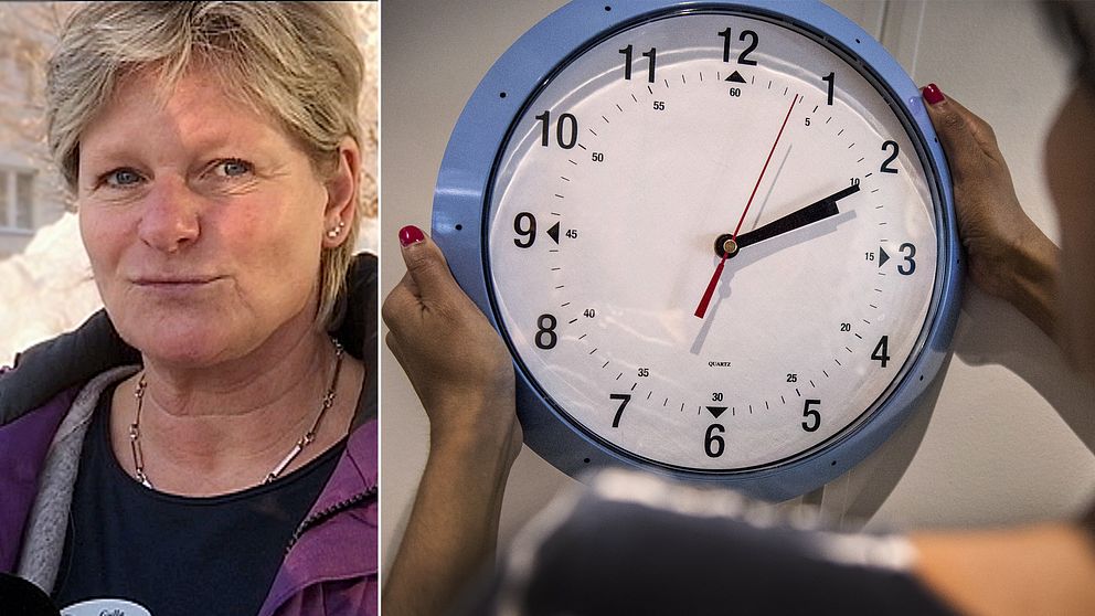 kvinna tar ner blå klocka från väggen/intervjubild på annan kvinna