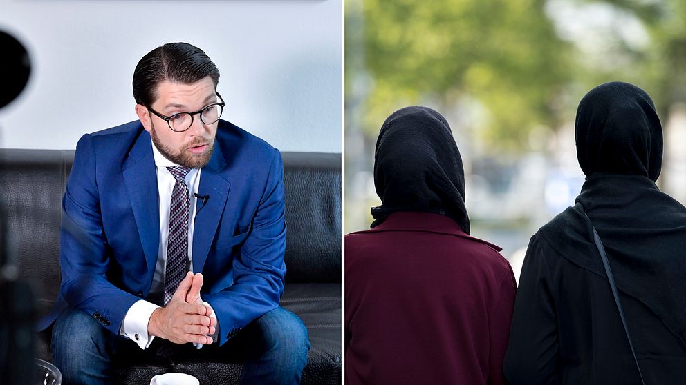 SD:s partiledare Jimmie Åkesson till vänster. Två kvinnor med slöja till vänster.