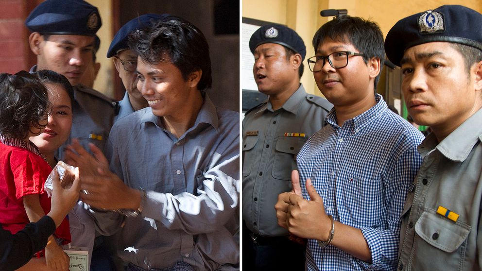 Reuters journalisten Wa Lone (till höger) eskorteras till rättegång av polis, kollegan och journalisten Kyaw Soe Oo (till vänster) hälsar på sin fru och dotter på väg till rättegång. Arkivbild.