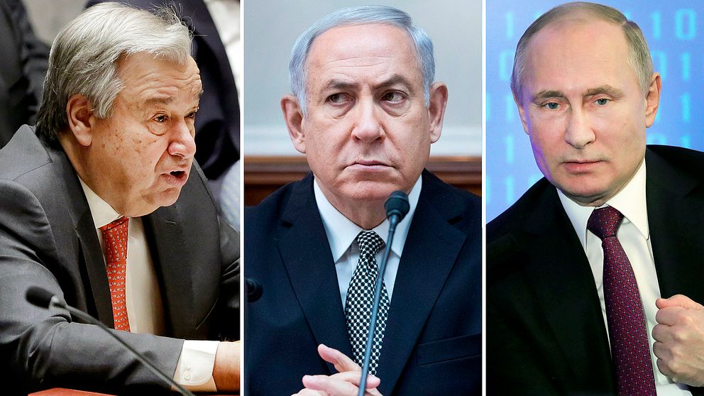FN:s generalsekreterare Antonío Guterres, Israels premiärminister Benjamin Netanyahu och Rysslands president Vladimir Putin.