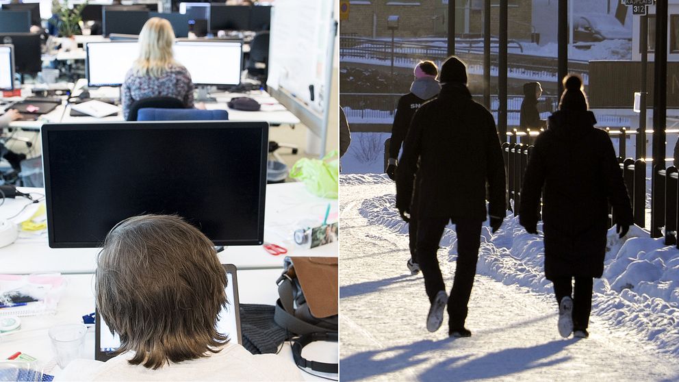 En bild på två kvinnor framför varsin dator, samt en bild på två personer som är ute på promenad.