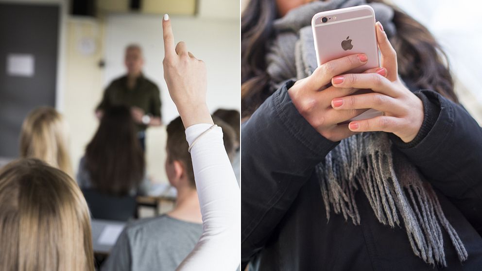 En tjej som sitter i ett klassrum och räcker upp handen och en tjej som använder sin smartphone.