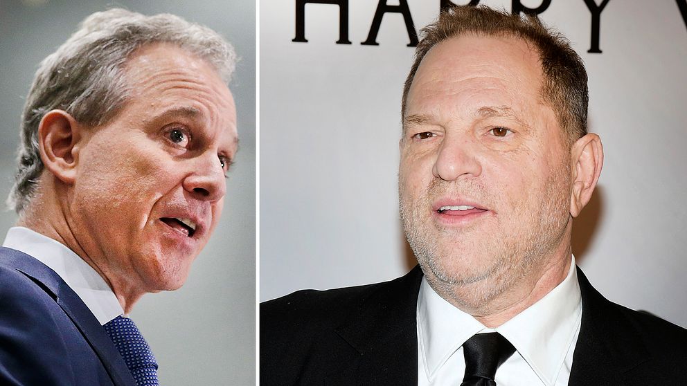 Åklagare Eric Schneiderman (till vänster) och filmproducenten Harvey Weinstein (till höger).
