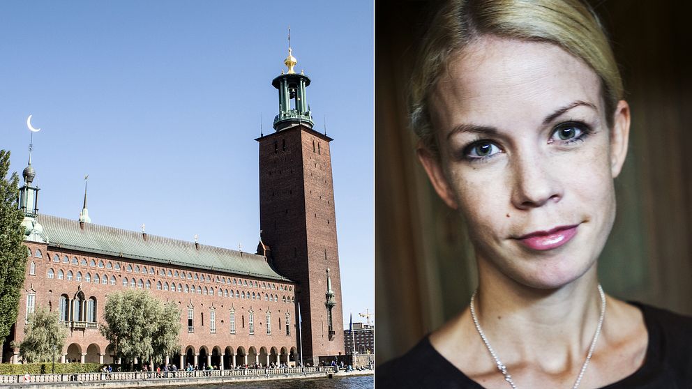 Stadshuset till vänster, Anna König Jerlmyr (M), oppositionsborgarråd, till höger.