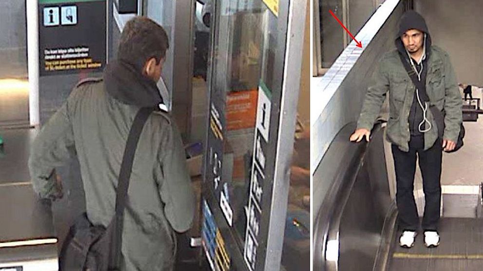 Bilder som visar den terroråtalade Rakhmat Akilov från tunnelbane-spärren i Vårby gård, respektive en rulltrappa vid Odenplan.