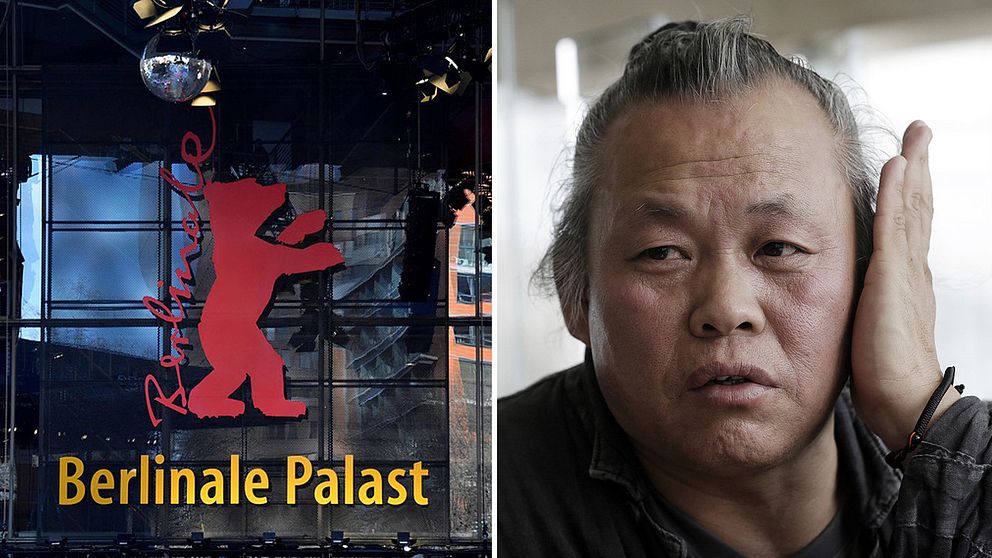 Bild på Kim Ki-duk och fasaden på en byggnad där Berlins filmfestival-logga syns uppsatt.