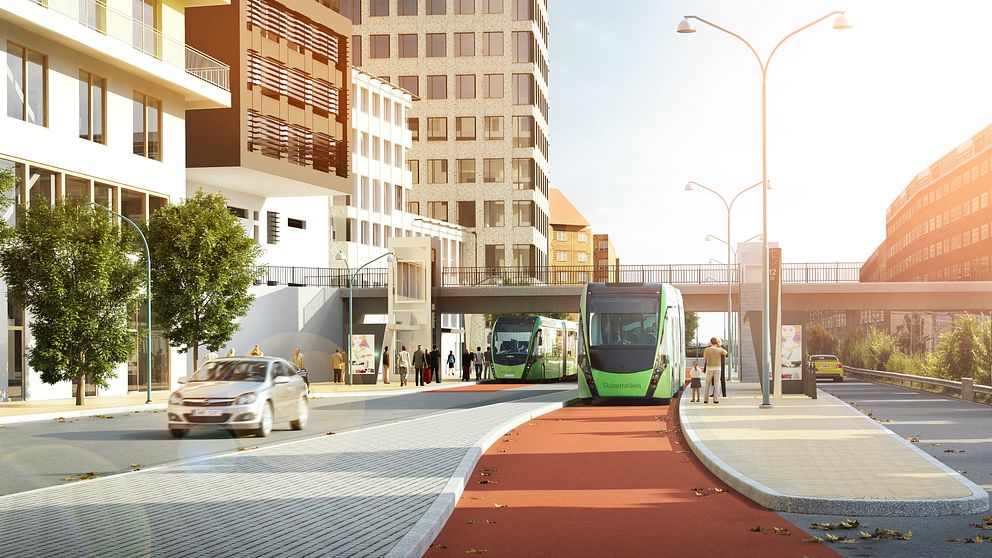 Illustration som visar hållplats för Helsingborgsexpressen när Järnvägsleden är färdigbyggd 2019.