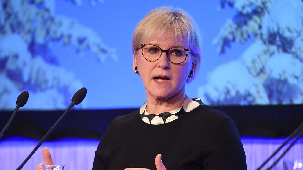 Margot Wallström står i ett talarpodium.