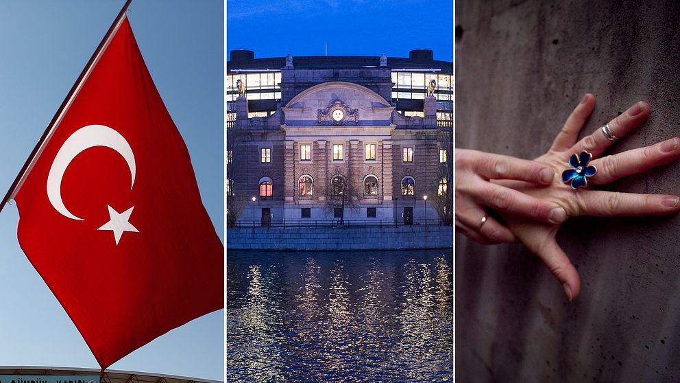 Den turkiska flaggan med månen och stjärnan, symboler för islam, Sveriges riksdag och en hand upptryckt mot en vägg.