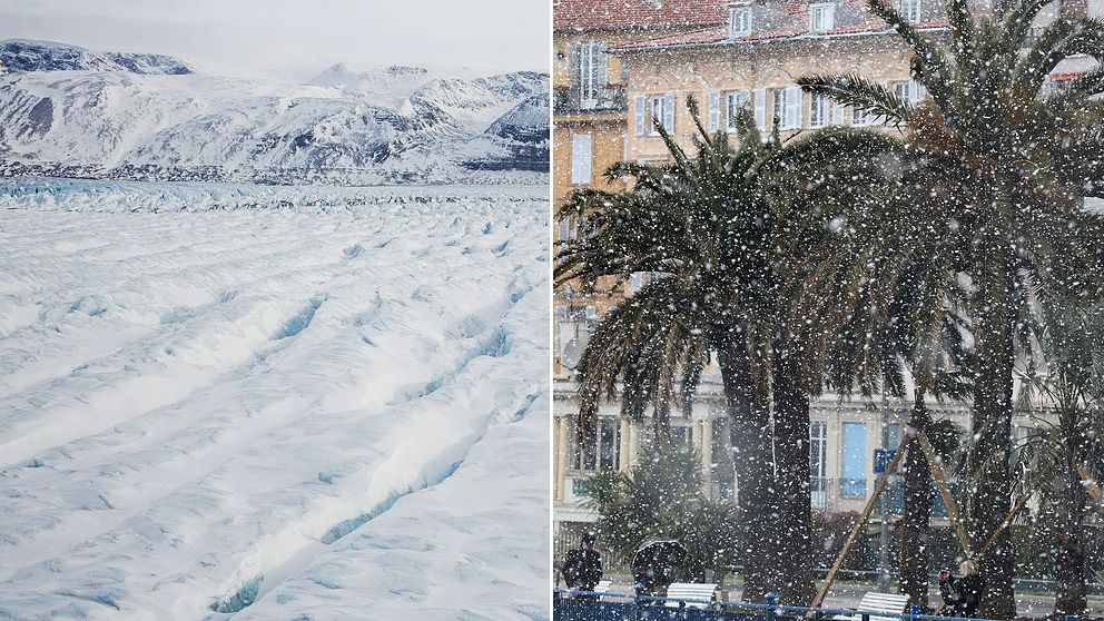 Arkivbild från Svalbard och bild på snöfall i franska Nice.