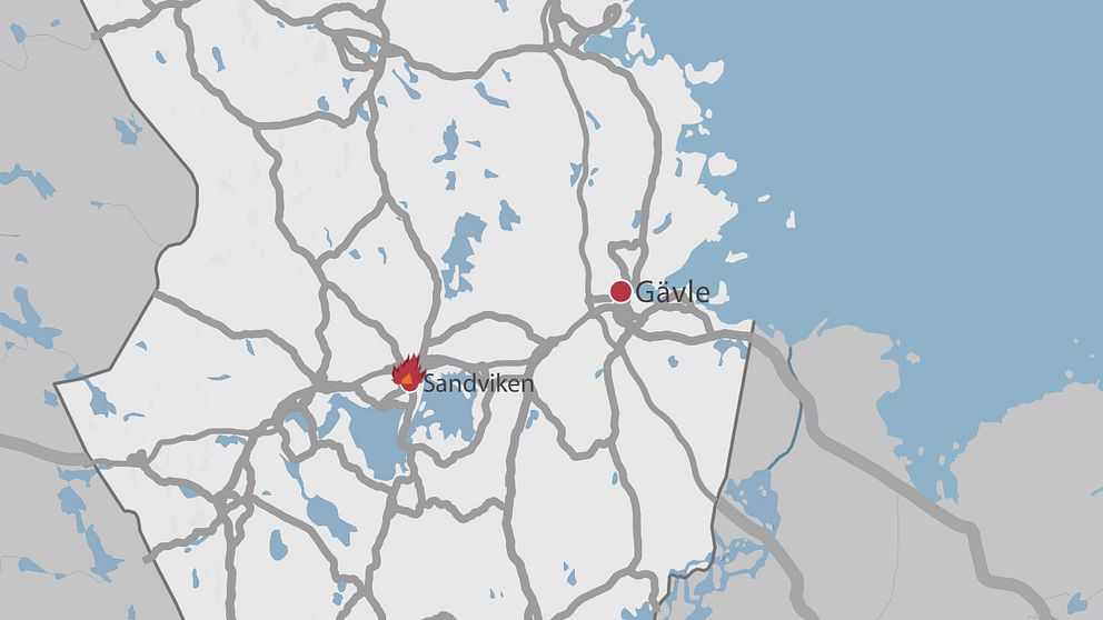 En karta över delar av Gävleborg där Gävle och Sandviken är utplacerade.