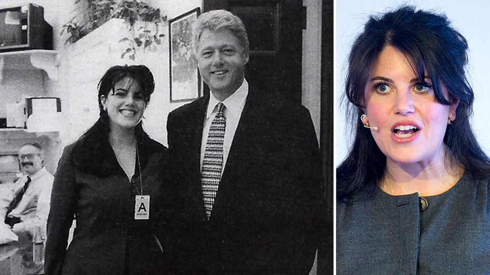 Till vänster: Monica Lewinsky och Bill Clinton i Vita huset (Arkivbild). Till höger: Lewinsky under ett föredrag 2015.