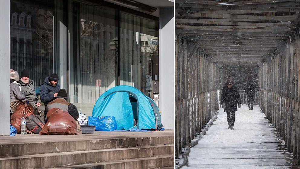 Hemlösa har slagit läger vid en byggnad i centrala Bryssel (vänster). Människor går på en gångbro över järnvägsspår i Bukarest, Rumänien (höger).