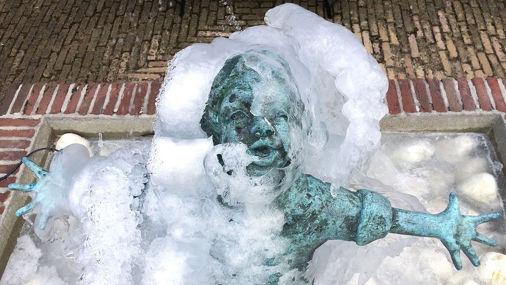 En istäckt staty i Apeldoorn i Nederländerna.