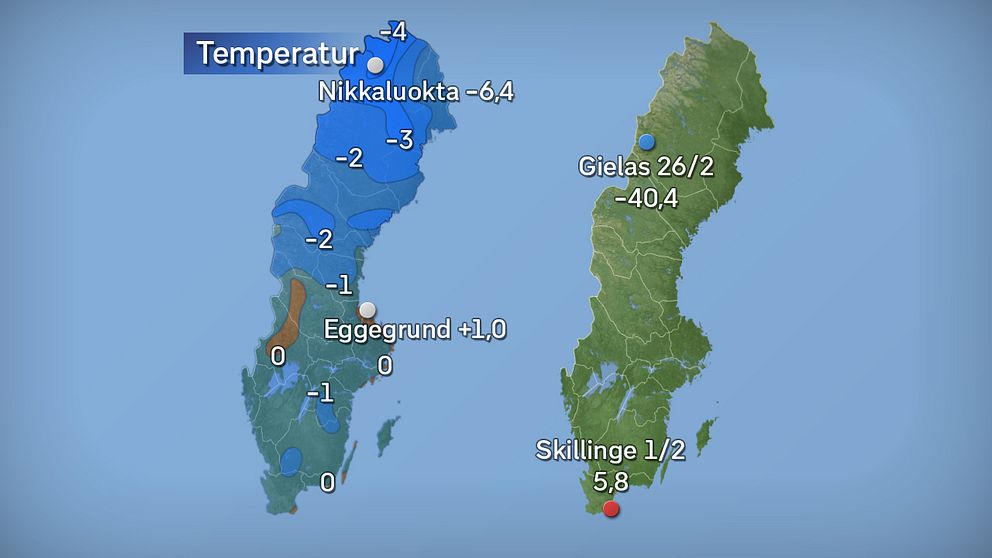 Till vänster månadens medeltemperatur jämfört med referensperioden 1961–1990 (och de stationer som fick störst/minst över/underskott). Till höger månadens högsta och lägsta temperatur. Källor: SMHI och StormGeo.