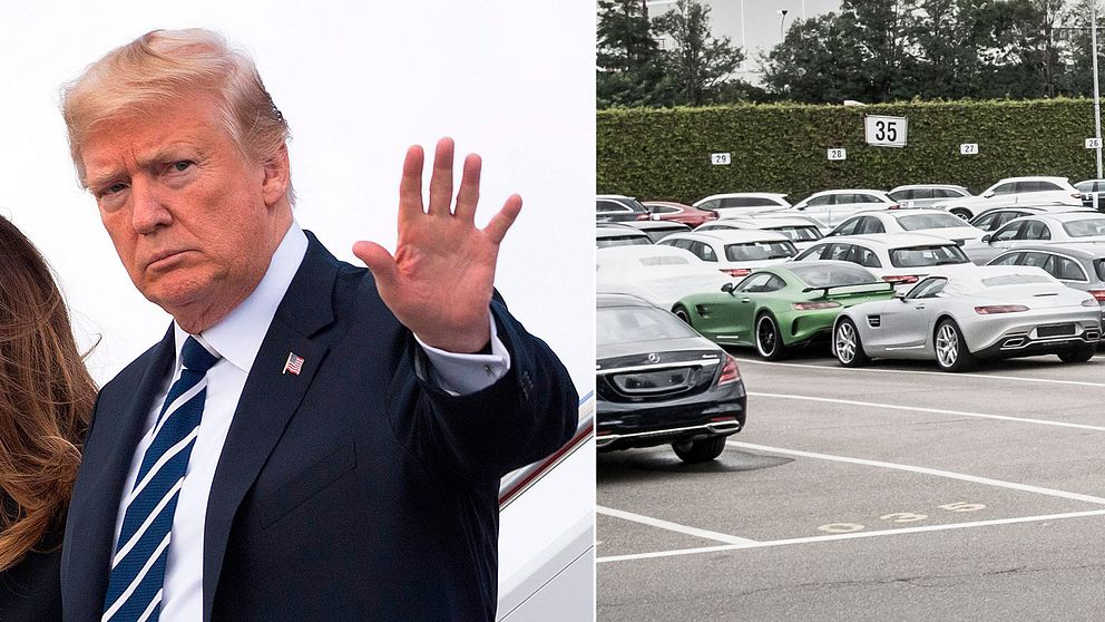 Donald Trump och bilar vid en Mercedes-Benz-fabrik i Tyskland