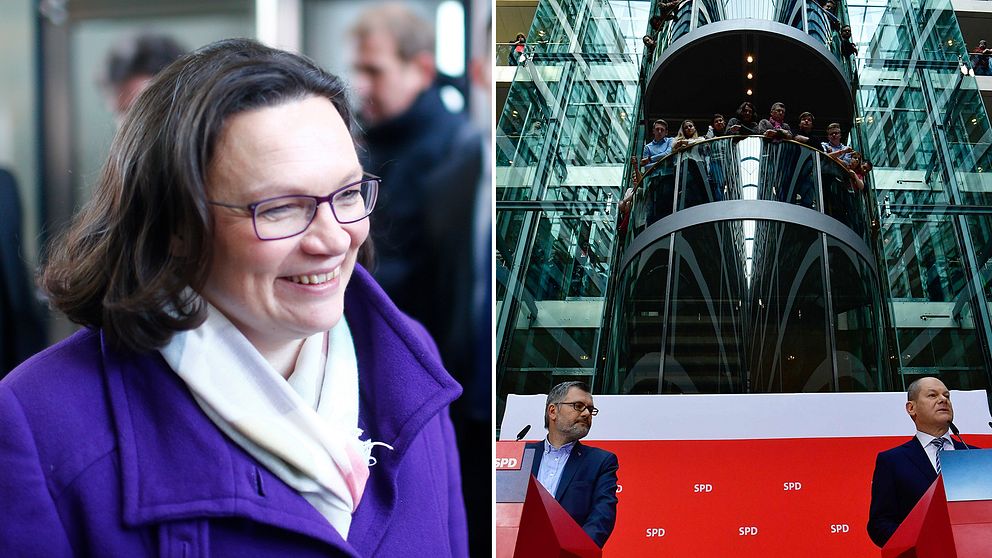 Vänster: SPD:s blivande partiledare Andrea Nahles vid en presskonferens under söndagsmorgonen.
Höger: SPD-kassören Dietmar Nietan och t.f. partiledaren Olaf Scholz meddelar röstresultatet.