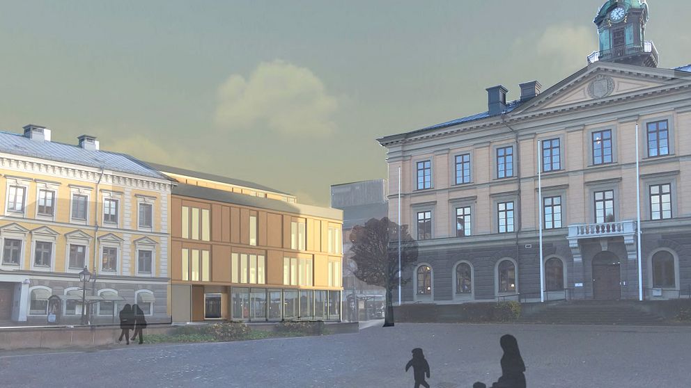 Illustration på hur ett nytt statsbibliotek i Gävle kan se ut. Här sett från Rådhustorget.