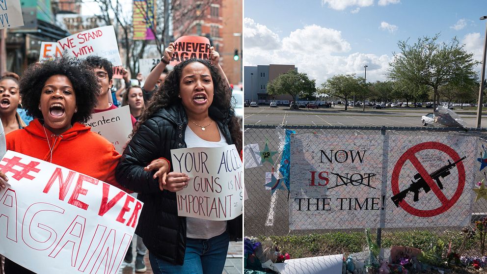 Protesterande amerikanska studenter och en bild utanför skolan som drabbades av den senaste skolskjutningen i Florida.