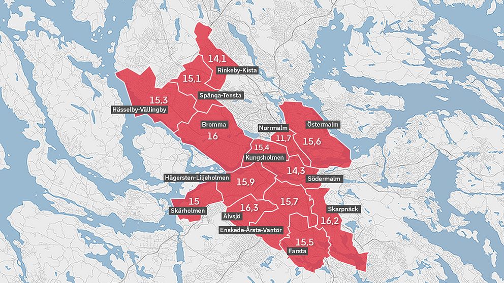 Karta över Stokholms stadsdelar där man ser hur stora barngrupperna är.