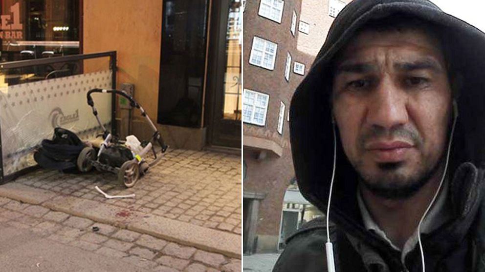 Barnvagn som blev påkörd på Drottninggatan och Barnvagn terrormisstänkte Rakhmat Akilov.