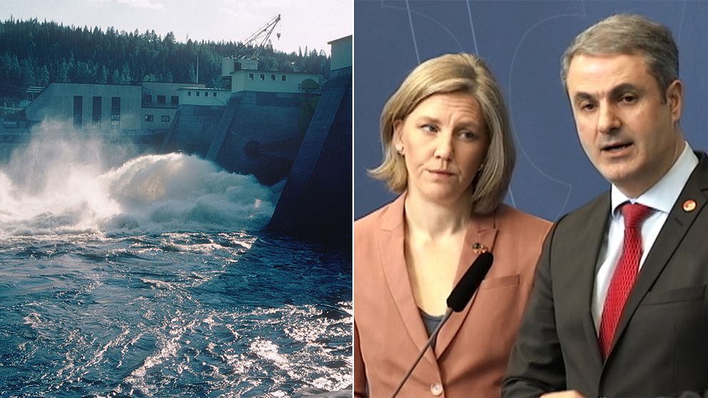 Ett vattenkraftverk och miljöminister Karolina Skog (MP) och energiminister Ibrahim Baylan (S).