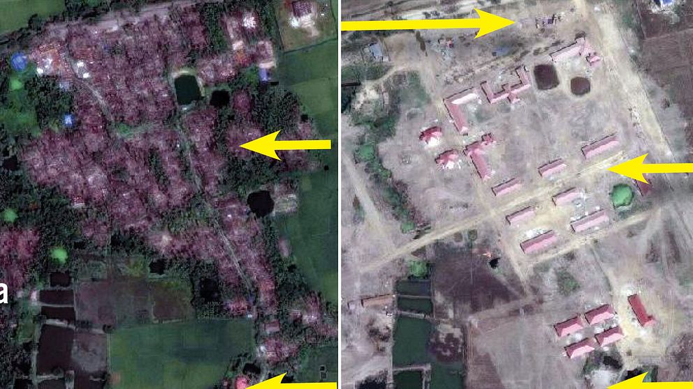 Till vänster, den nedbrända byn Kan Kya den 25 oktober 2017, till höger har byn jämnats med marken och militära byggnader har byggts upp.