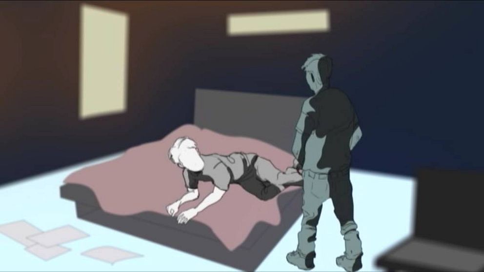 Teckning av pojke som ligger på sängen och en hotfull man står bredvid.