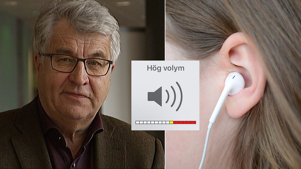 Professor Claes Möller (foto: SVT) samt Flicka med hörlurar lyssnar på musik. Foto: Fredrik Sandberg / SCANPIX samt Symbol för ”Hög volym”
