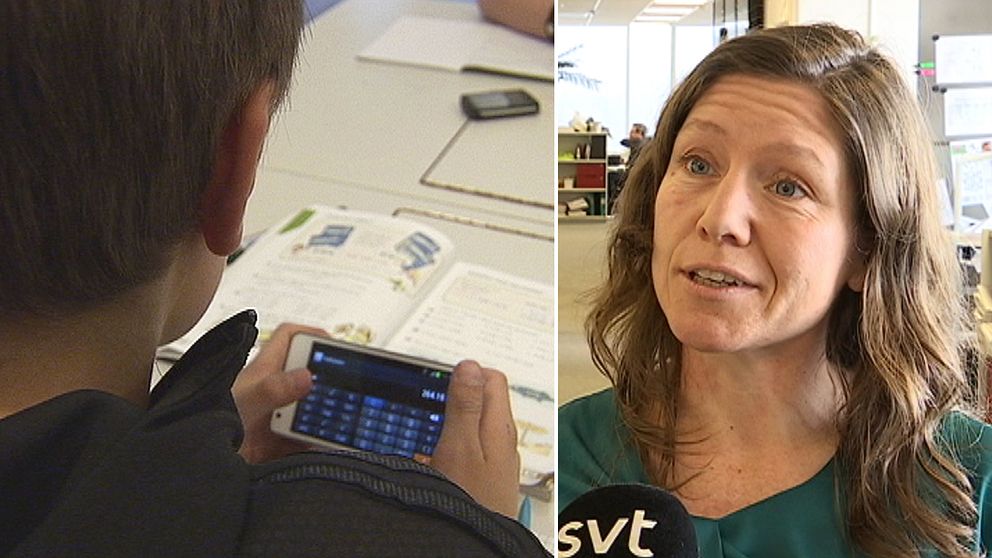 detaljbild pojke vid skolbänk tittar på miniräknare, och bild på kvinna som intervjuas