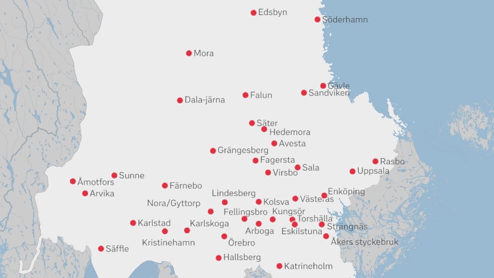 Karta över alla de orter i Mellansverige där det fanns krigsmaterieltillverkning 1943.