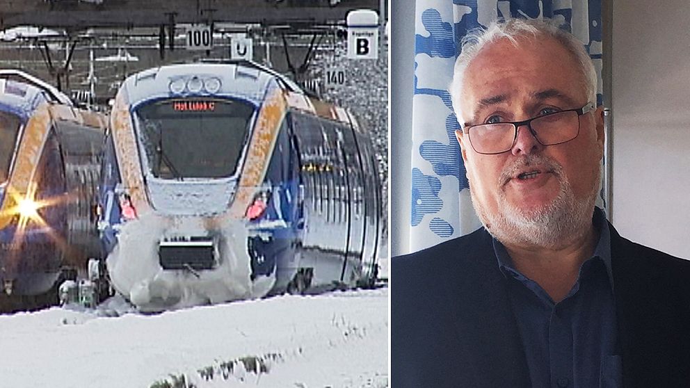 isigt, snöigt tåg, porträtt på en man