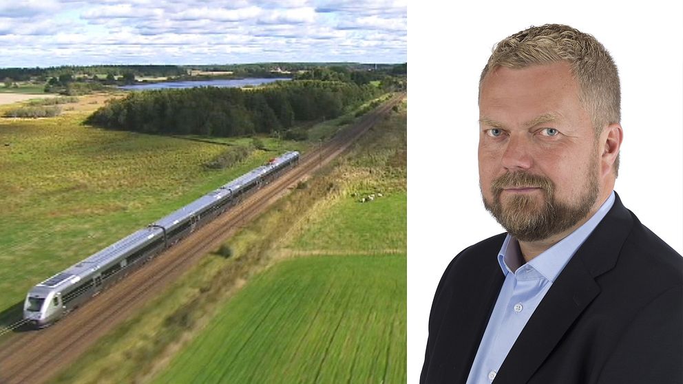 Flygbild på tåg på räls och pressbild på Jonas Karlsson, vd på Oslo-Stockholm 2.55.