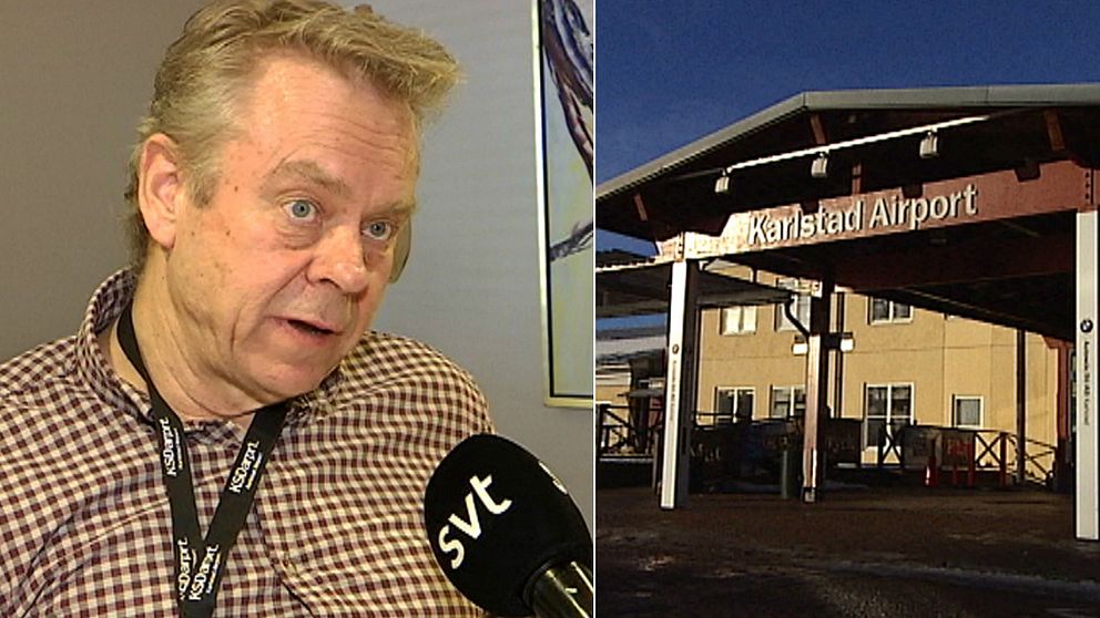 Till vänster syns Hans Wennerholm titta snett förbi kameran, en mikrofon är riktad mot honom. Till höger syns Karlstad airports entré