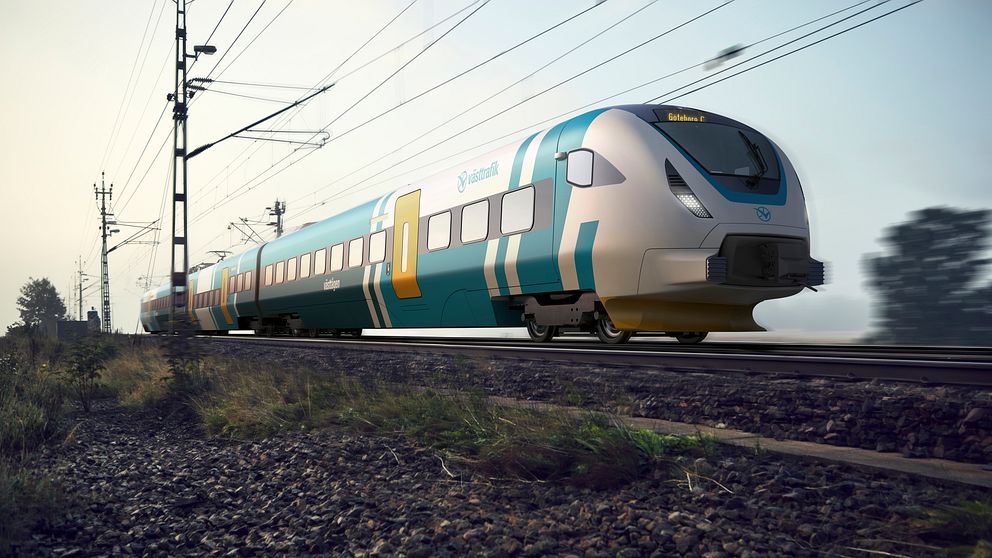 En datoranimerad bild av Västtrafiks nya tåg som drar fram över spåret.