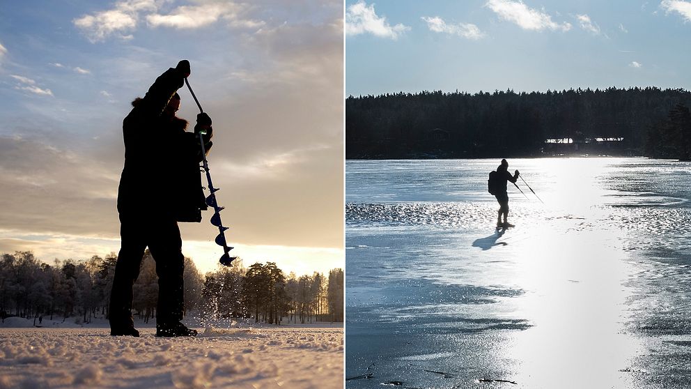 En man använder isborr innan han ska pimpla, en annan person åker skridskor på isen.