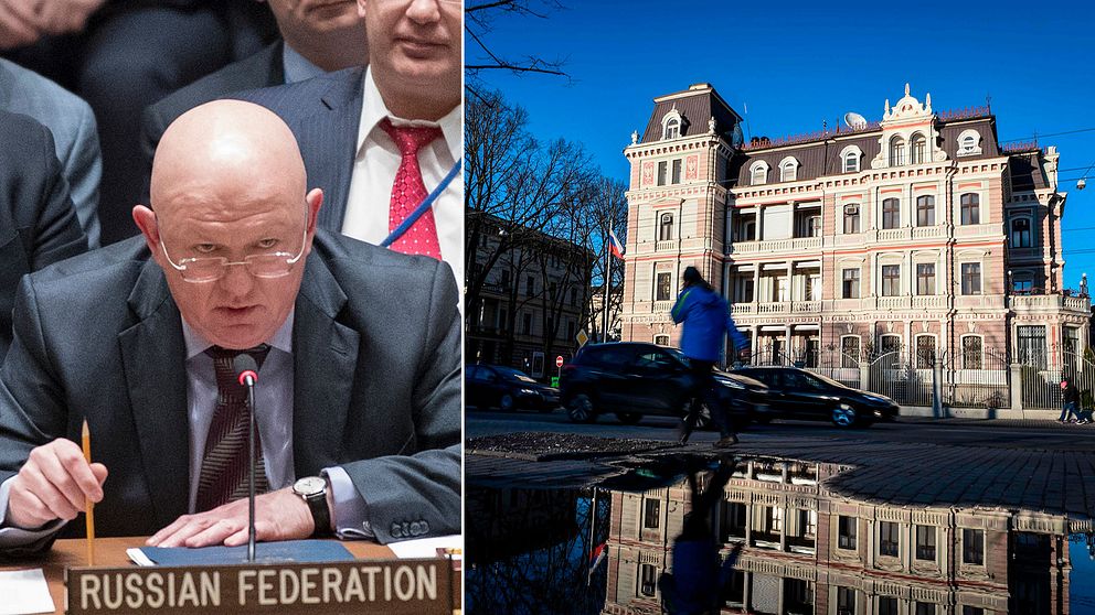 Rysslands FN-ambassadör Vassily Nebenzia under ett möte i säkerhetsrådet den 14 mars om den diplomatiska krisen mellan Storbritannien och Ryssland. Till höger Rysslands ambassad i Riga, Lettland.