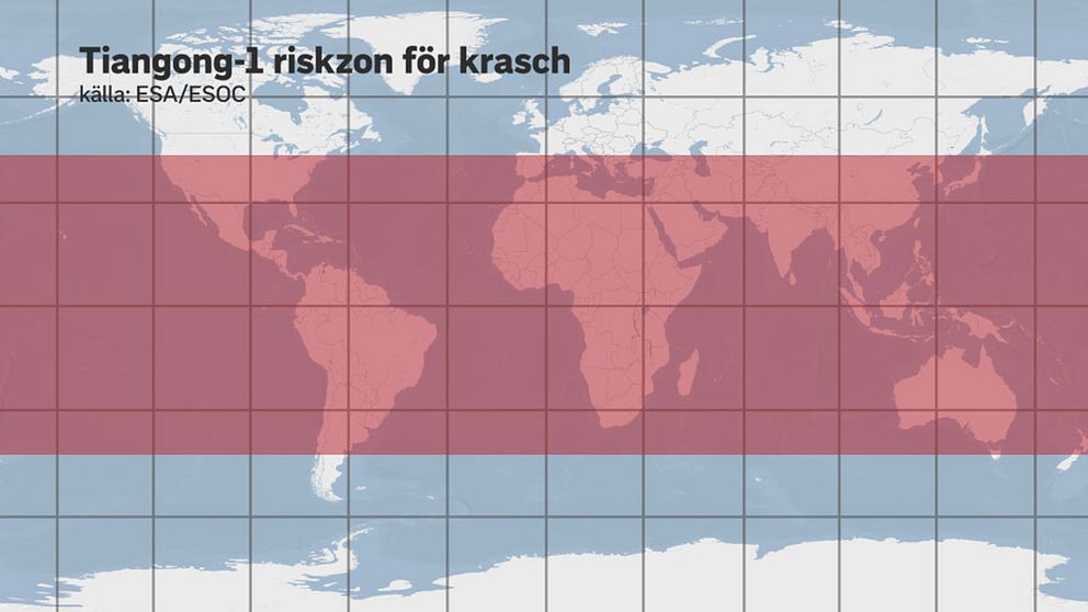 Karta: Här finns en risk att delar från rymdstationen Tiangong-1 slår ner.