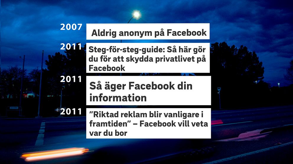 Ett axplock av SVT-rubriker om Facebook genom åren.