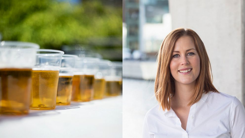 En bild på ölglas och på centerpartiets ordförande i Göteborg, Emmyly Bönfors.