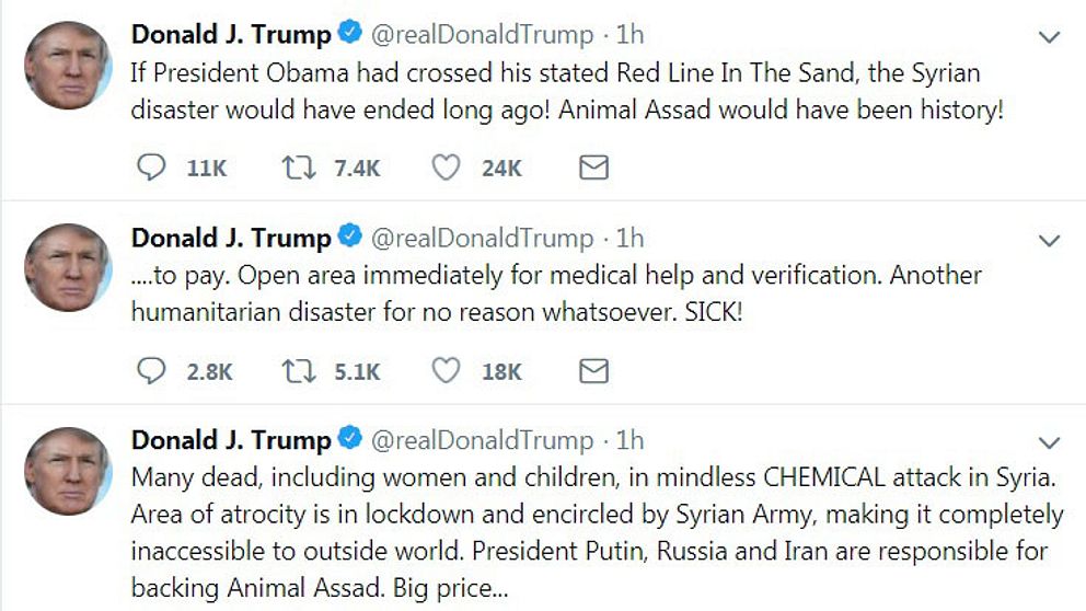 Skärmdump från president Donald Trumps Twitterflöde där man kan läsa Trumps tweets.