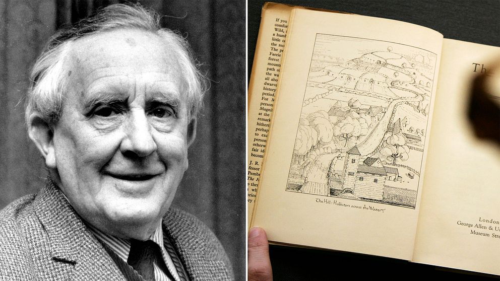 J.R.R Tolkinen år 1967 och en sida ur första upplagan av boken Bilbo – en hobbits äventyr.