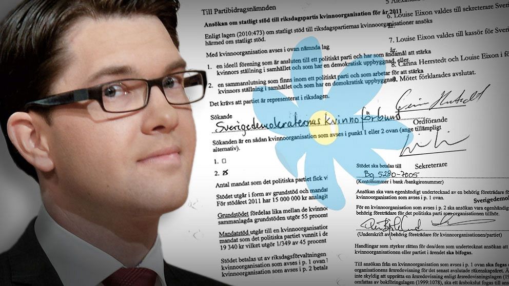 Sverigedemokraternas partiledare Jimmie Åkesson. Infälld bild: SD:s ansökningar om bidrag för kvinnoförbundet.