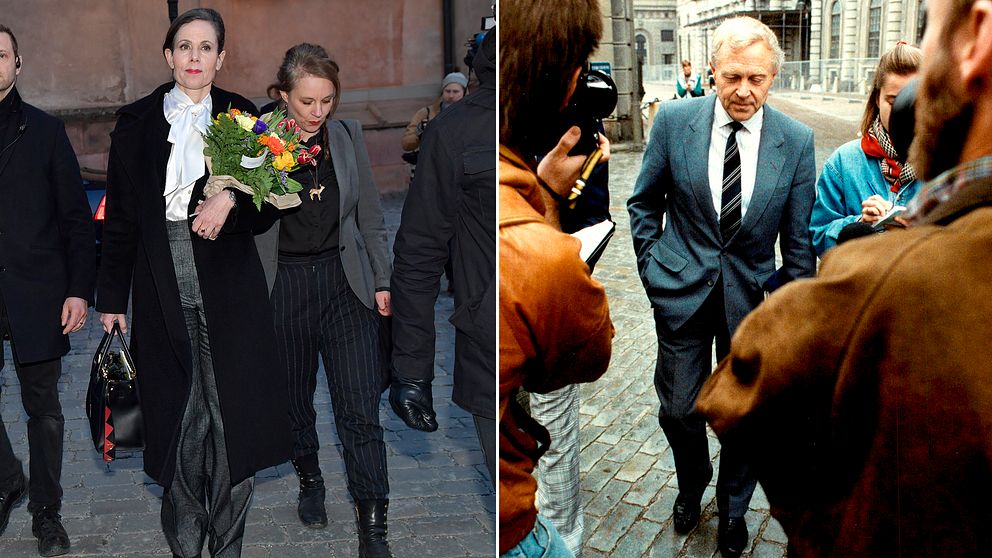 Sara Danius lämnar börshuset efter sin avgång under torsdagen. Sture Allén lämnar samma börshus 1989, efter att Akademien beslutat att inte kommentera dödshotet mot Salman Rushdie.