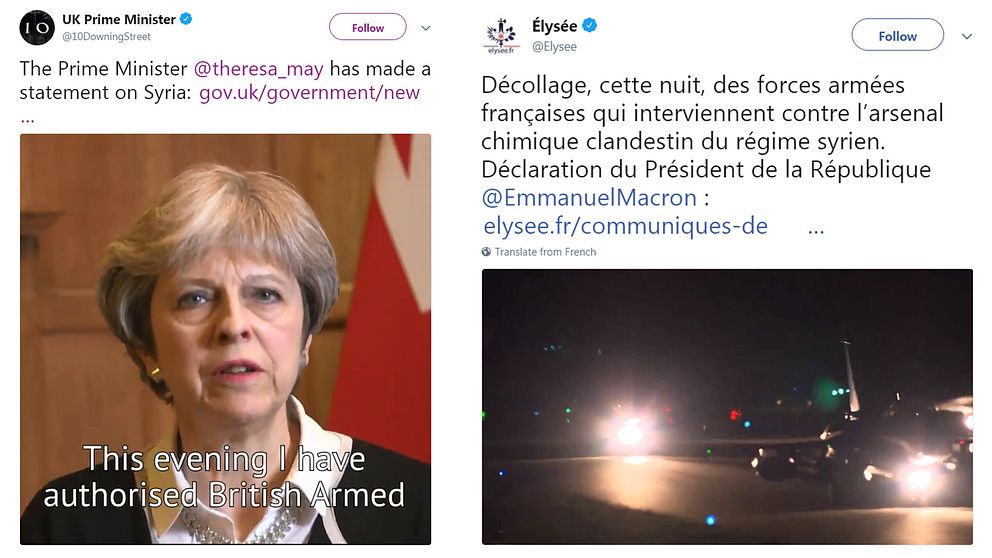 10 Downing Street och Elyseepalatset meddelade på Twitter att man nu genomför ett militärt anfall i Syrien.