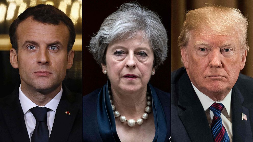 En tredelade bild på franske presidenten Macron, brittiska premiärministern May och USA:s president Donald Trump