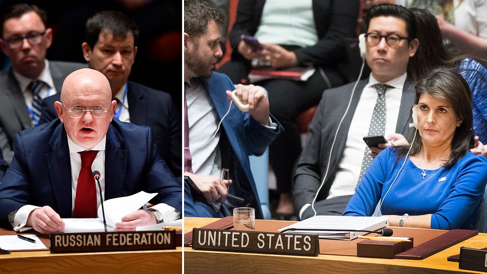 Rysslands FN-ambassadör Vasilj Nebenzja och USA:s motsvarighet Nikki Haley möttes i FN:s säkerhetsråd för första gången efter västländernas anfall i Syrien.