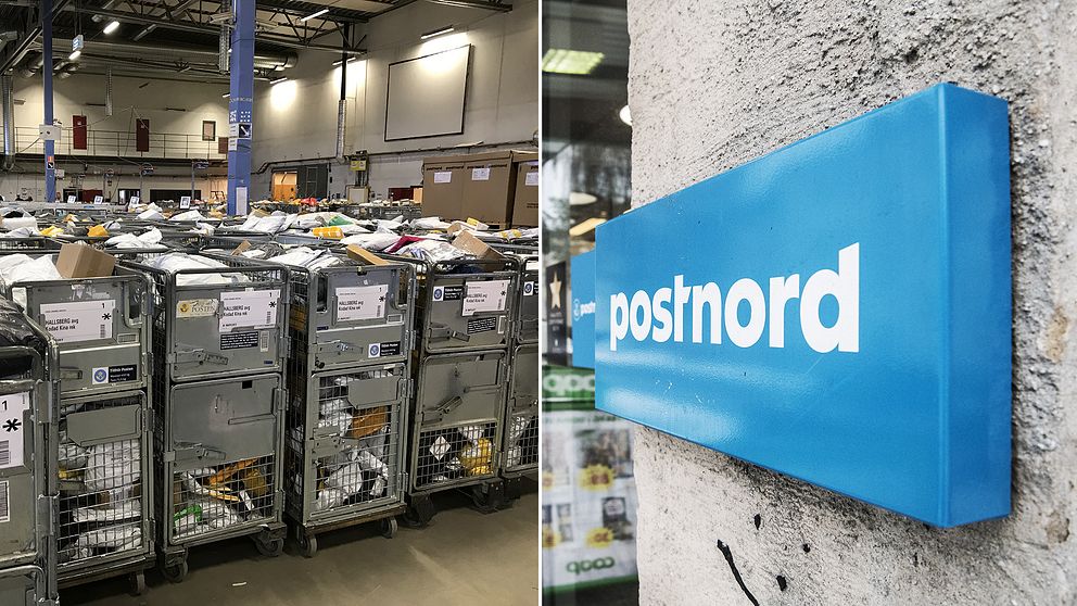 Delad bild: En på flera paket som förvaras i postens lager, samt en bild på en Postnord-skylt utanför en matvarubutik.